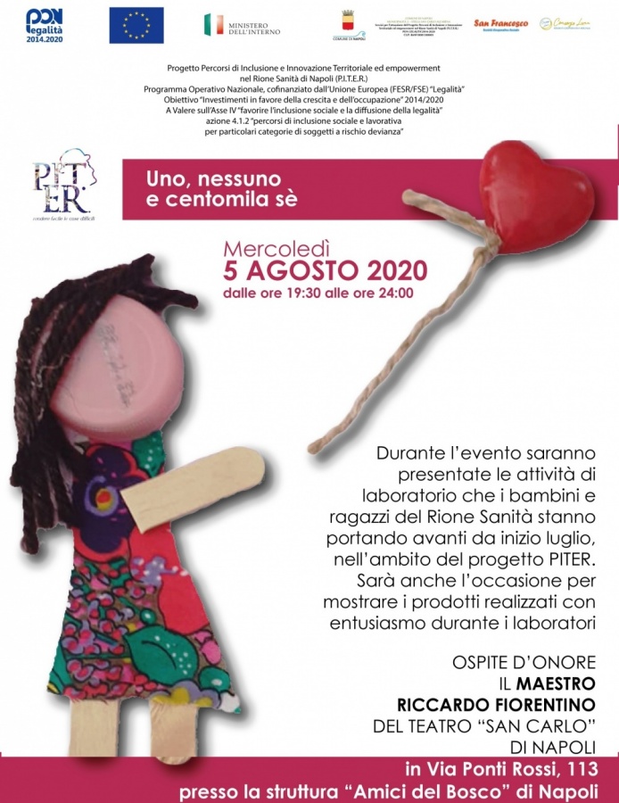 Maestro Riccardo Fiorentino del Teatro “San Carlo” di Napoli alla “Notte Bianca” del Progetto P.I.T.E.R. con minori Rione Sanità, protagonisti di se’ stessi, mercoledì 5 agosto, dalle 19, ad Amici del Bosco